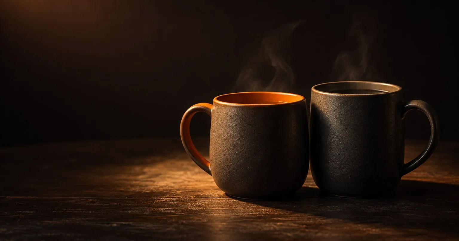 Two matte ceramic mugs stand close together under one warm pool of lamp light on a dark table.