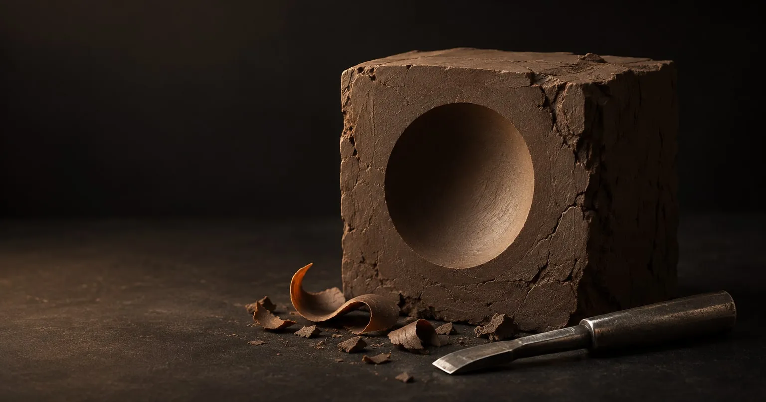 A dark clay block with one clean, smooth shape carved out of it, a small steel chisel and clay shavings beside it.