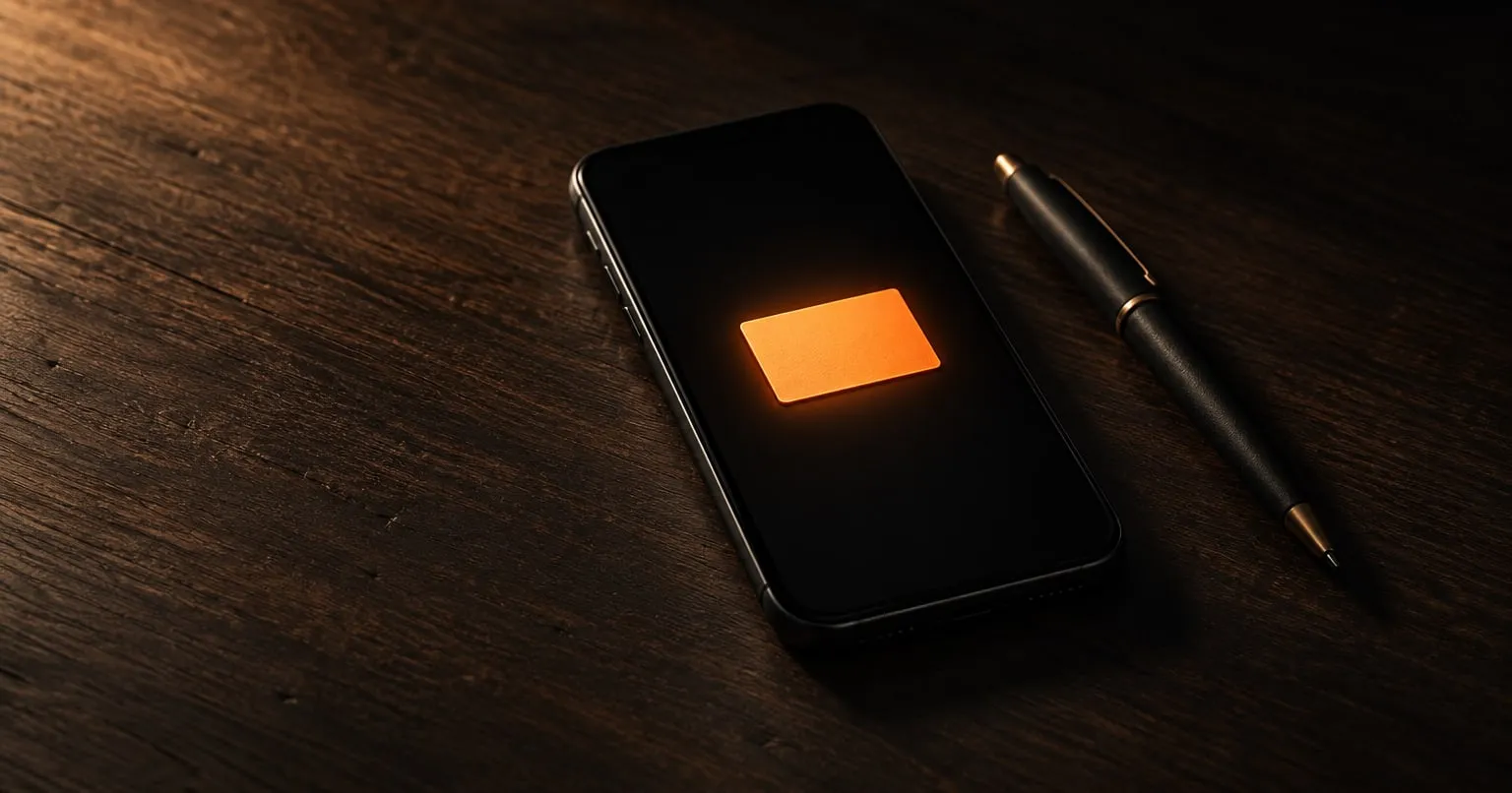 A matte black smartphone lies face up on a dark wooden desk beside a pen, its dark screen showing one small glowing note card.