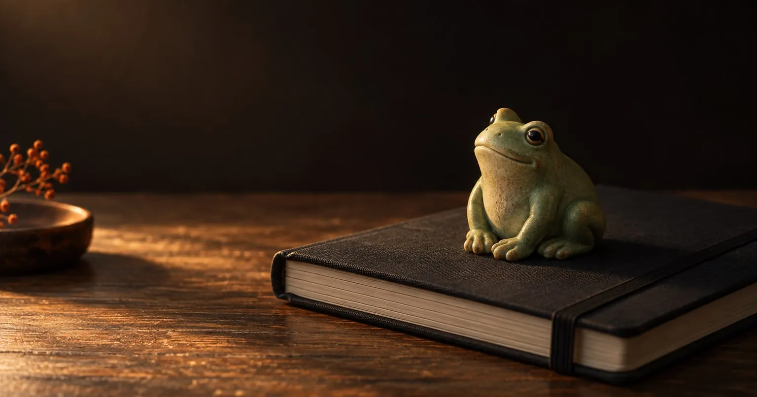 A small matte green ceramic frog figurine sits on a closed dark notebook in early morning light.