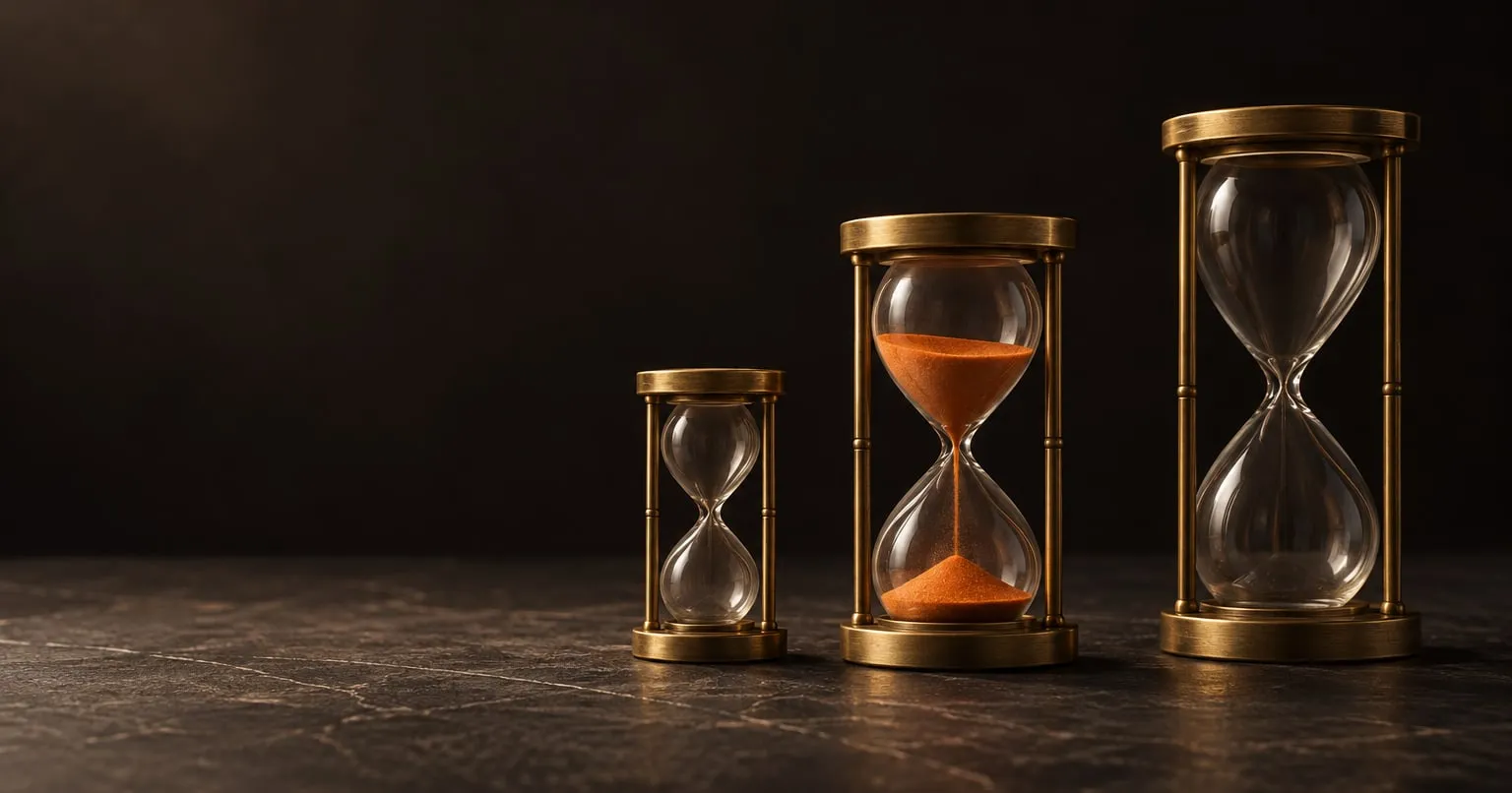 Three brass and glass hourglasses of different sizes stand in a row, with orange sand running through the middle one.