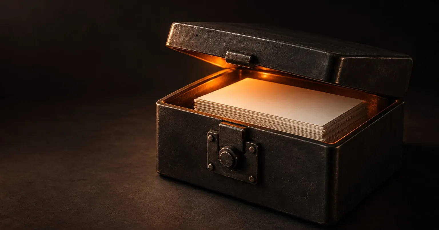 A small dark steel strongbox with its lid half open holds a neat stack of paper documents lit by a warm glow.