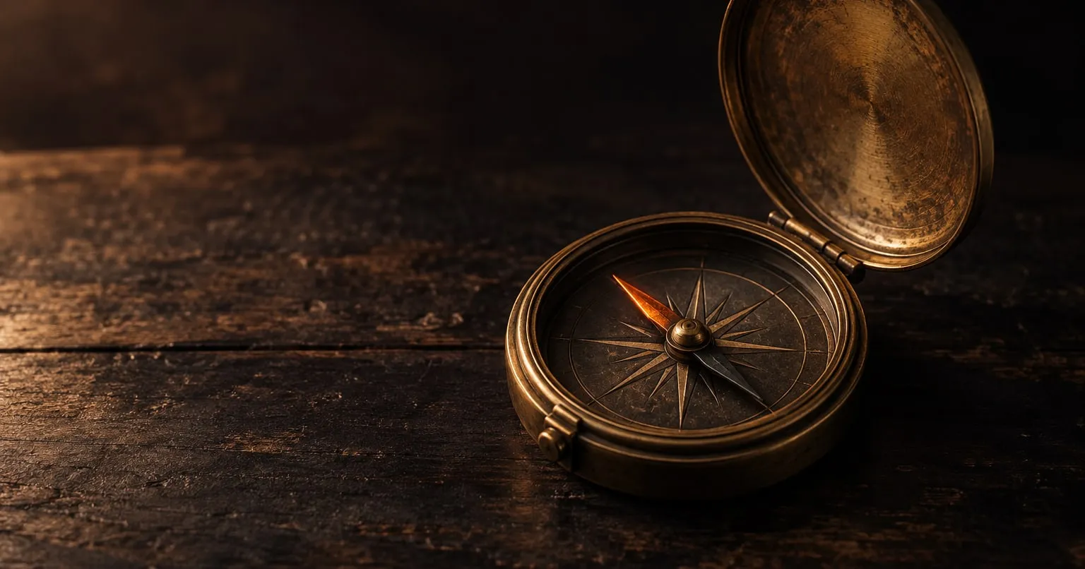 An open antique brass compass rests on a dark wooden desk, its needle catching an orange glint.