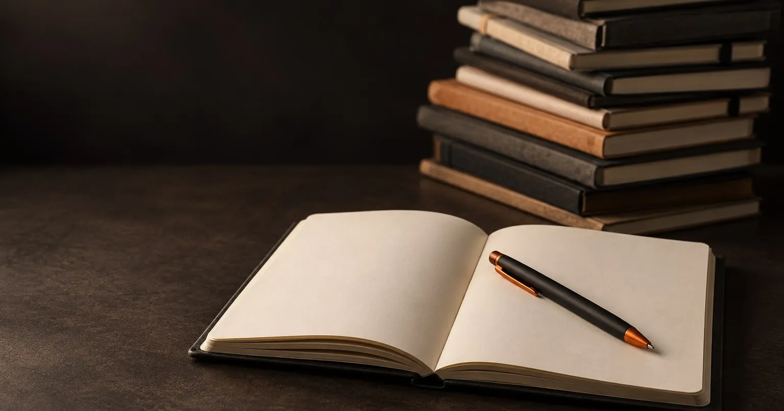 One open blank notebook with a single pen lies in sharp focus, with a tall untidy stack of closed notebooks blurred behind it.