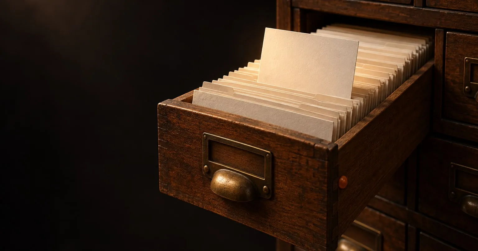 A long wooden library card-catalogue drawer is pulled open, full of blank index cards, with one card raised and lit.