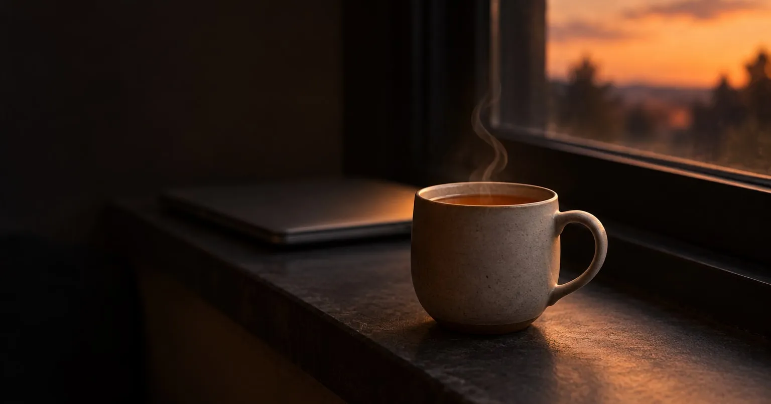 A matte ceramic cup of steaming tea sits on a dark windowsill at dusk, with a closed laptop out of focus behind it.