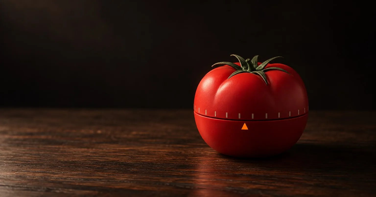A red tomato-shaped kitchen timer sits on a dark walnut table.